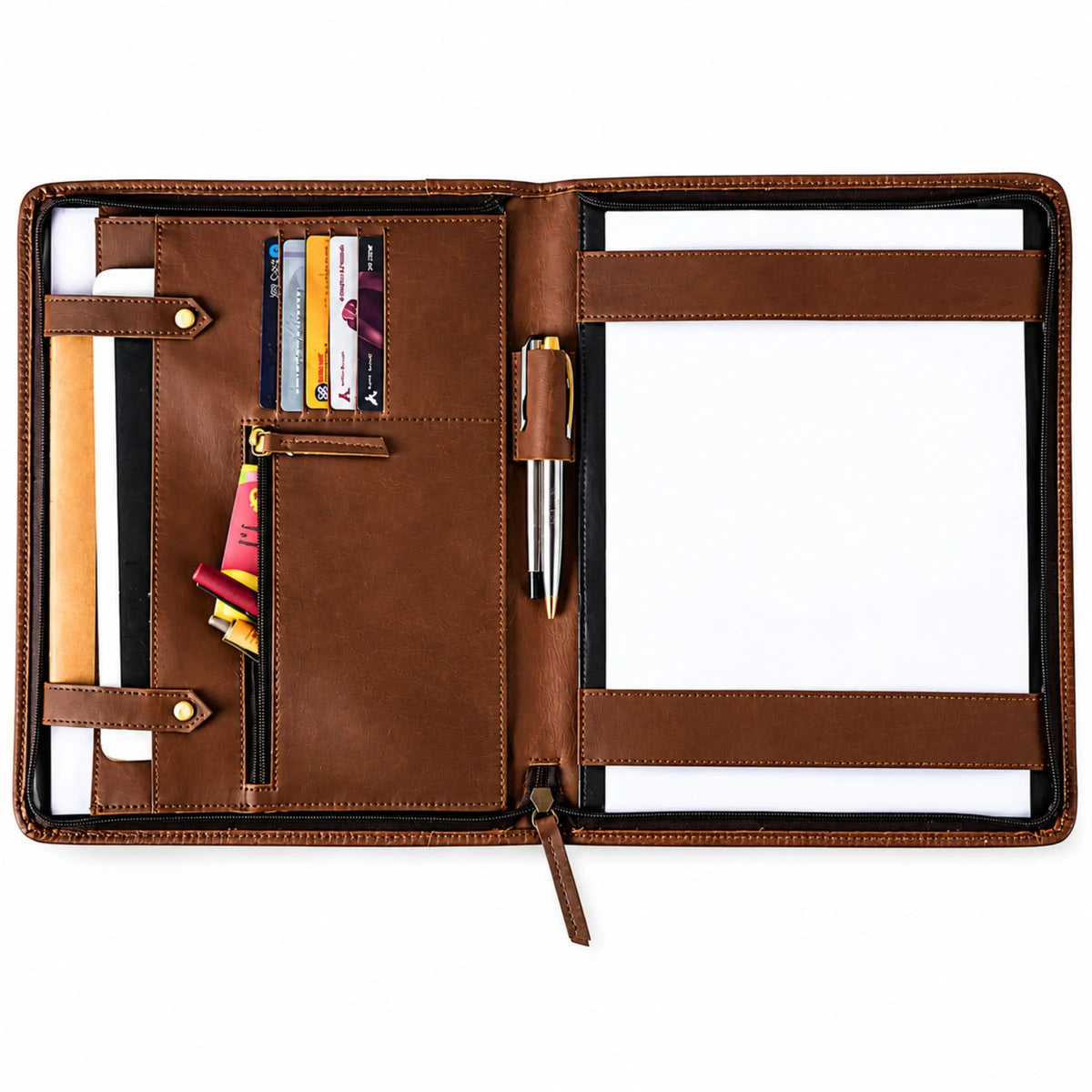 A brown leather organizer case shown open on a white background, featuring card slots, pockets, a pen loop, and a lined writing area.