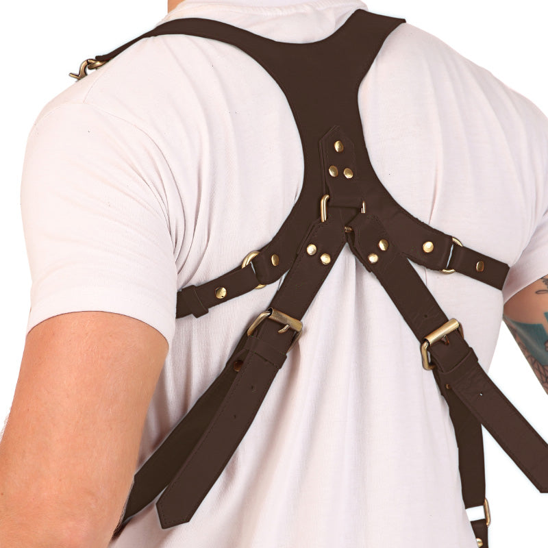 Brown leather harness with gold hardware on a white background