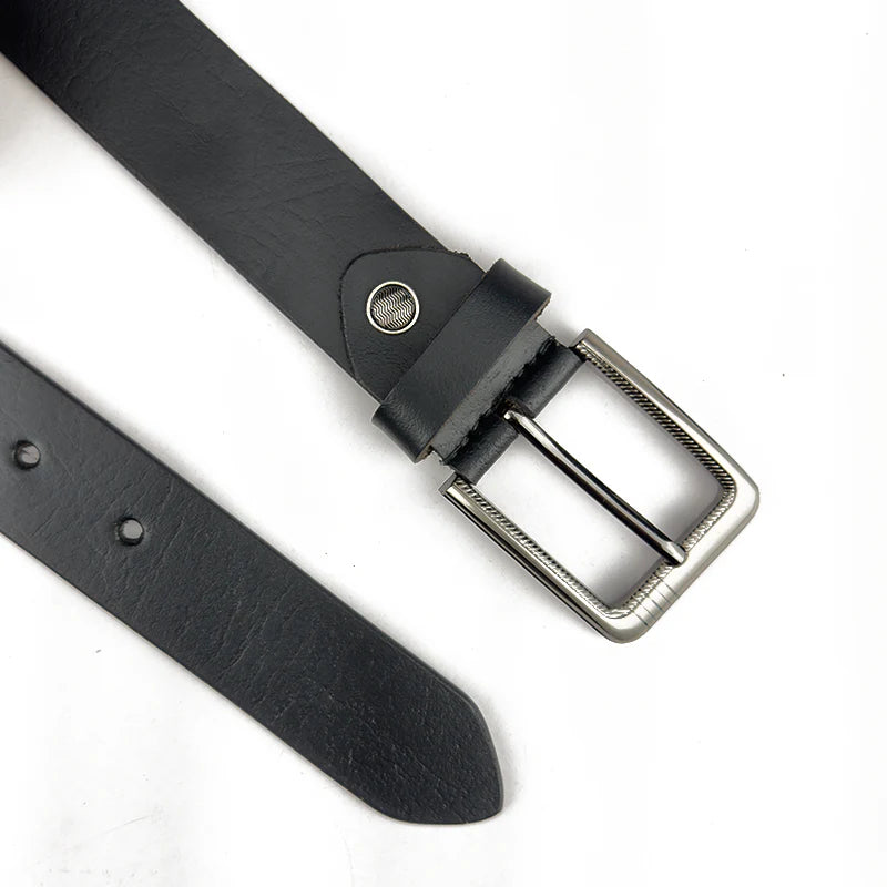 Black leather belt with silver buckle on a white background