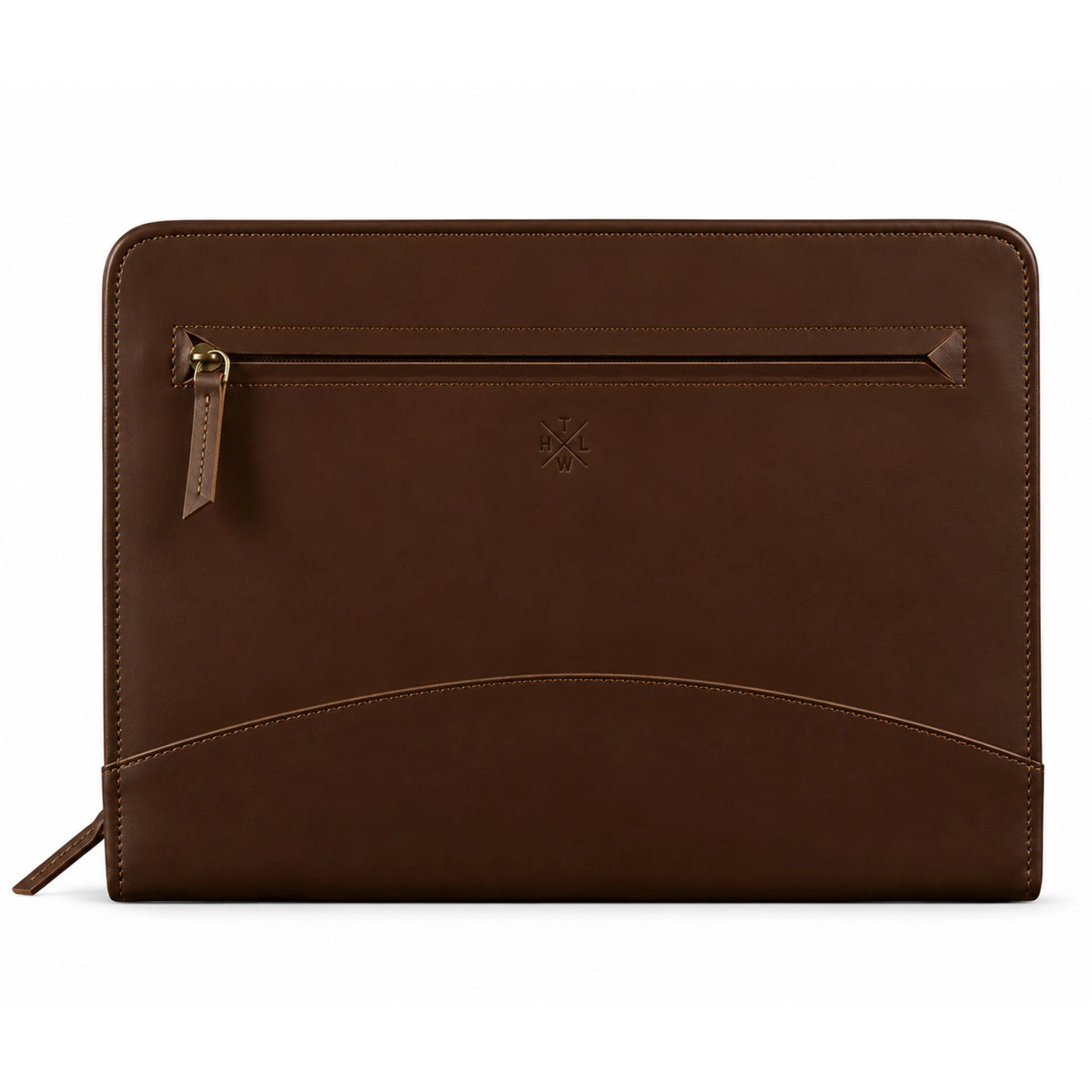 Dark brown leather portfolio folder with a brass zipper and front document pocket