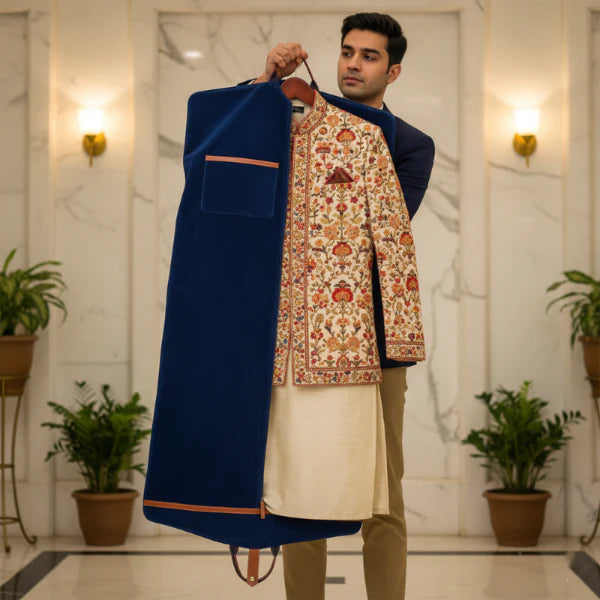 Man holding a traditional embroidered jacket and navy coat in a decorated room with plants.