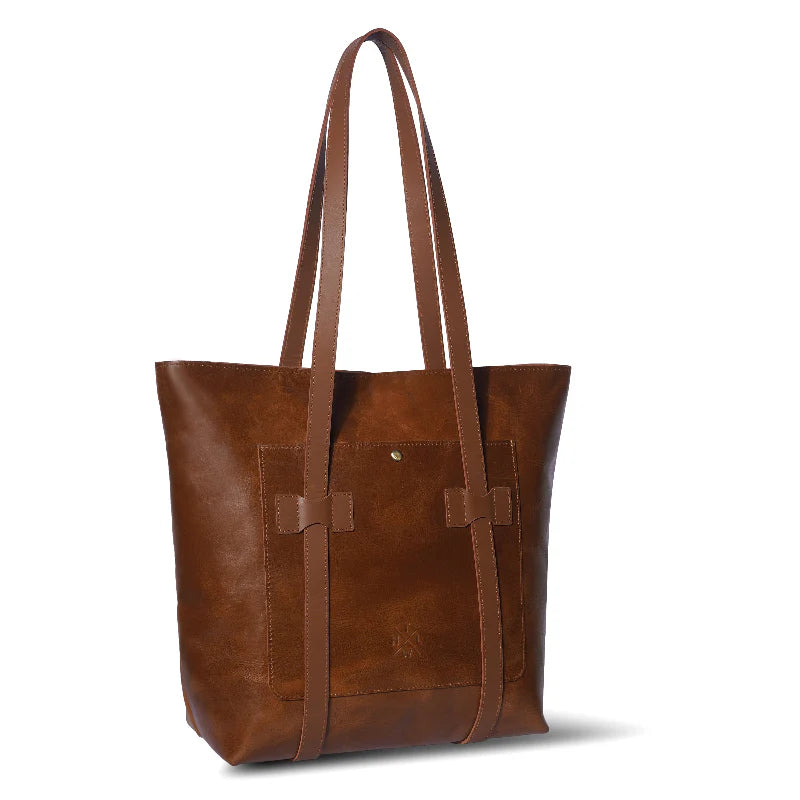 Brown leather tote bag on a white background
