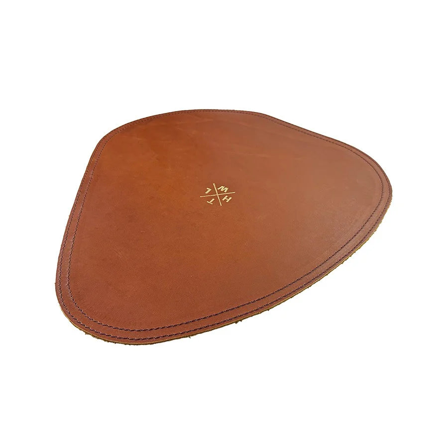 Brown leather trapezoidal object with a logo on a white background