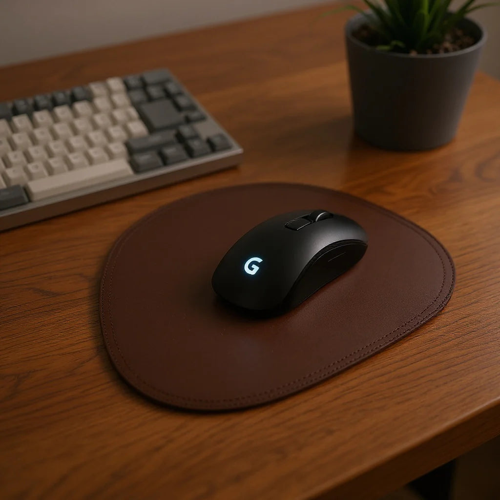 Black computer mouse with a logo on a brown mouse pad, placed on a wooden desk with a keyboard and plant in the background.