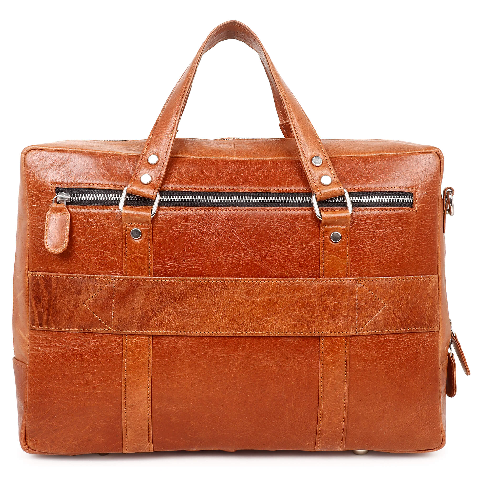 Brown leather bag with visible stitching on a white background