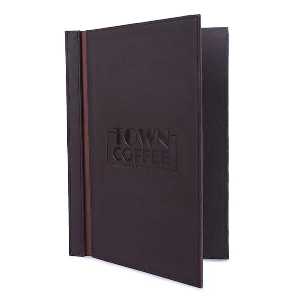 Black menu cover with 'Town Coffee' branding on a white background