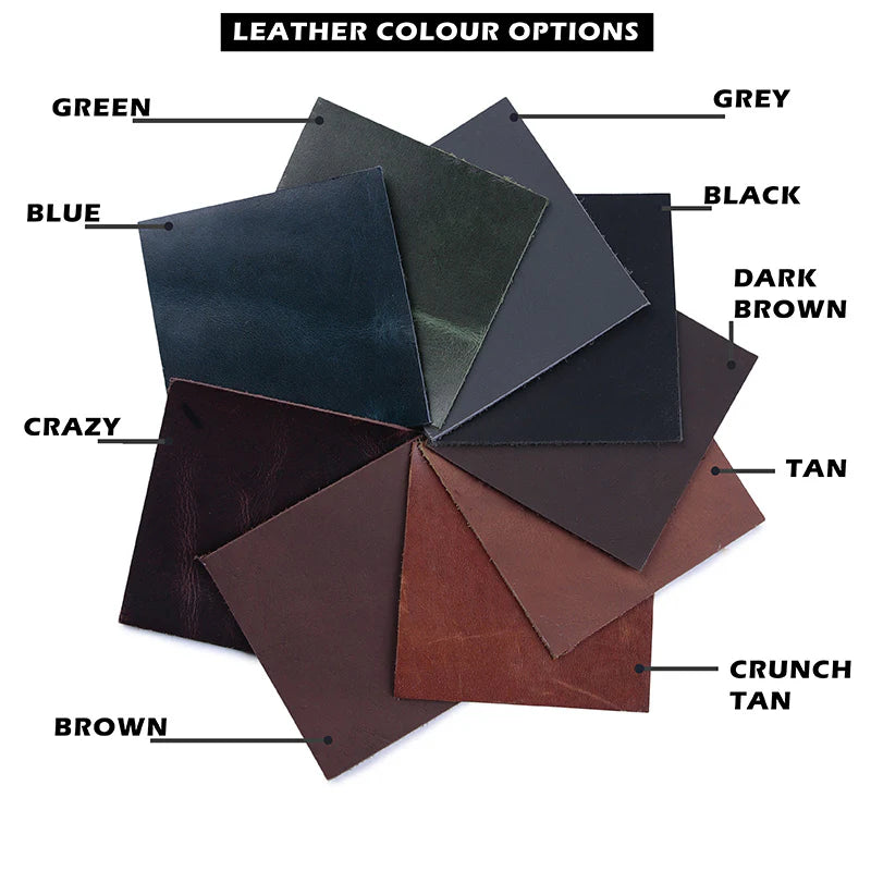 Leather color swatches with labels on a white background