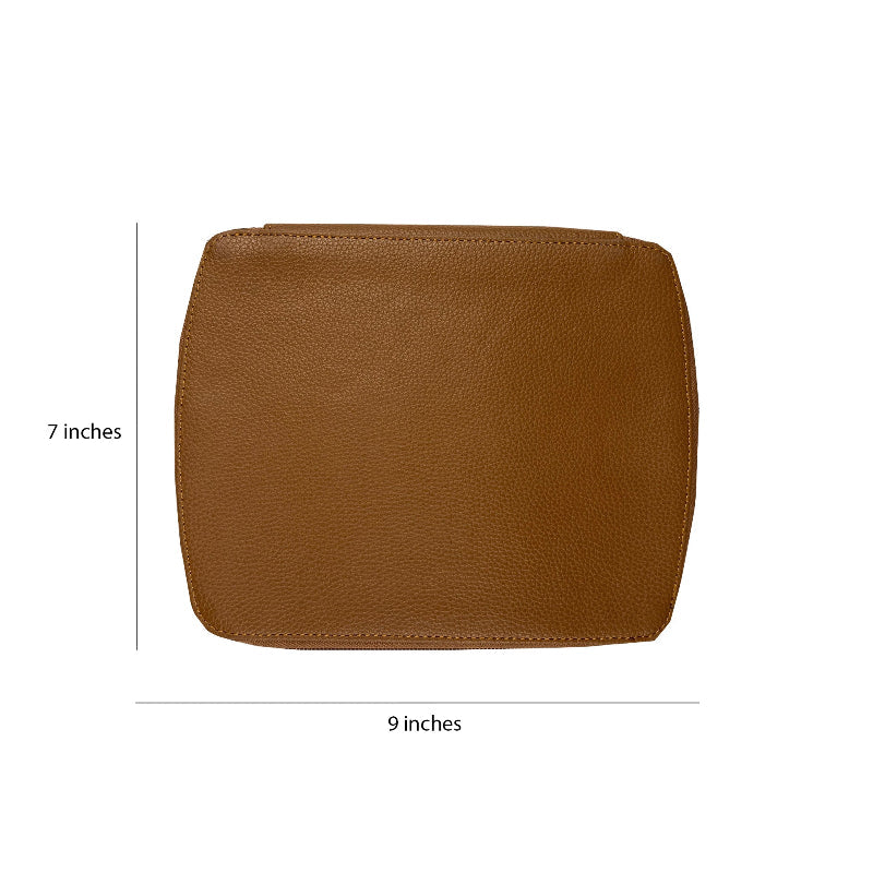 Brown leather pouch with dimensions on a white background