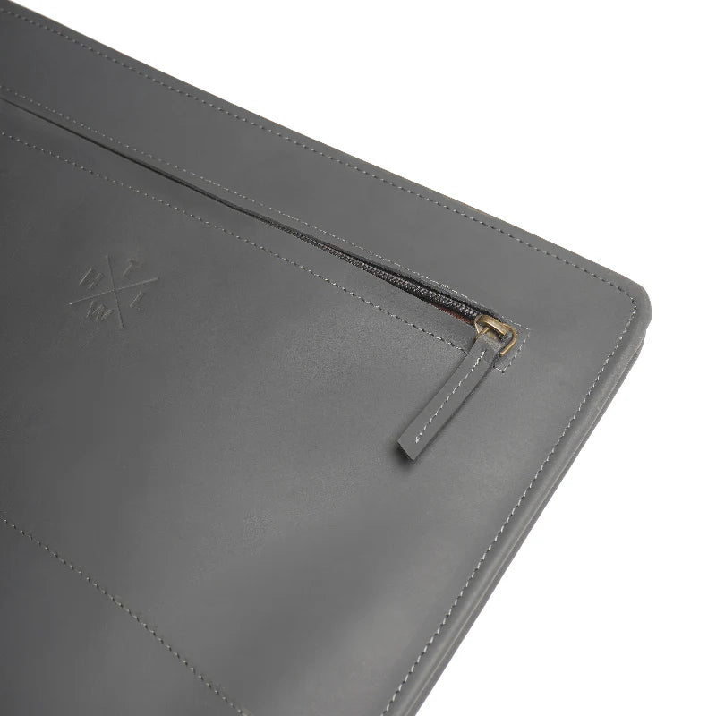 Gray leather clutch with zipper on a white background