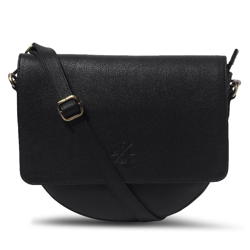 Black leather crossbody bag on a white background