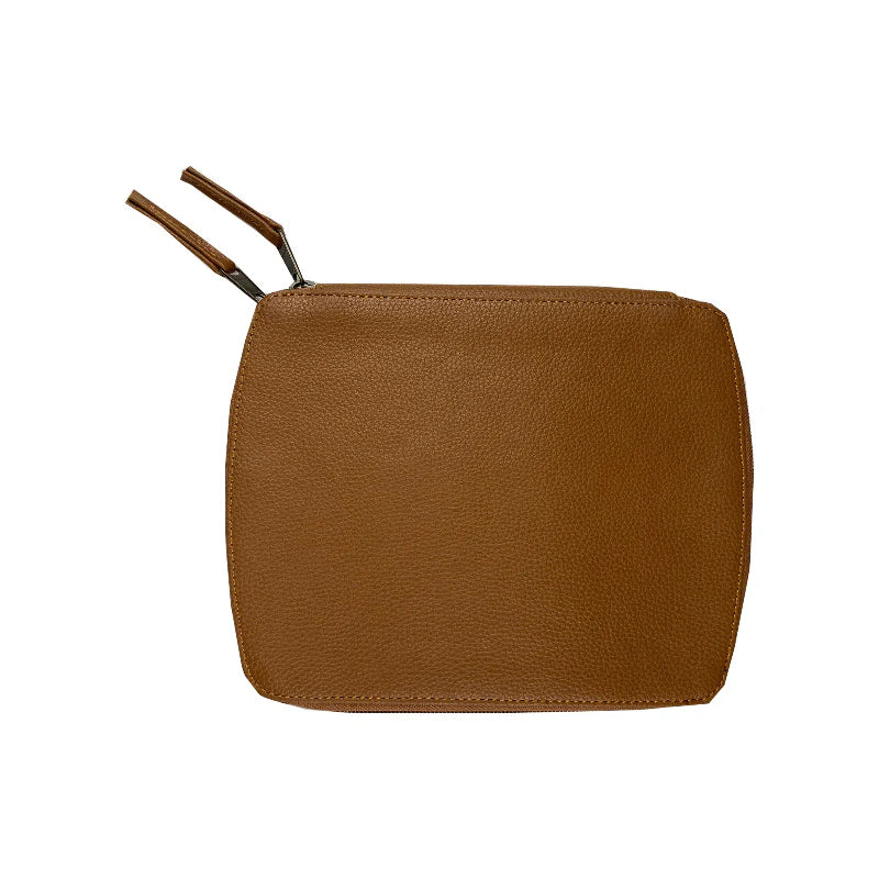 Brown leather pouch with a zipper on a white background