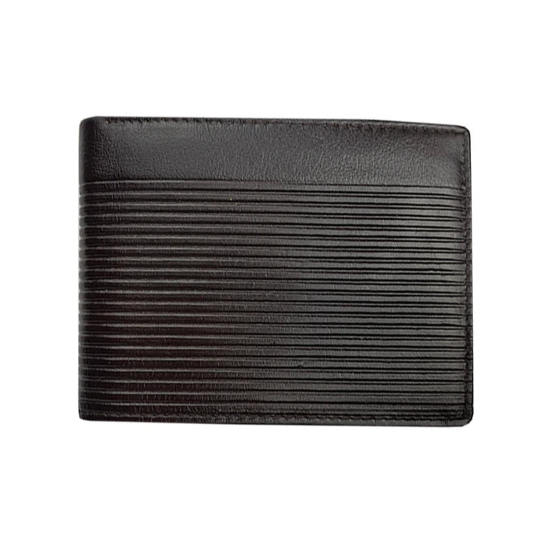 Black leather wallet with a ribbed texture on a white background