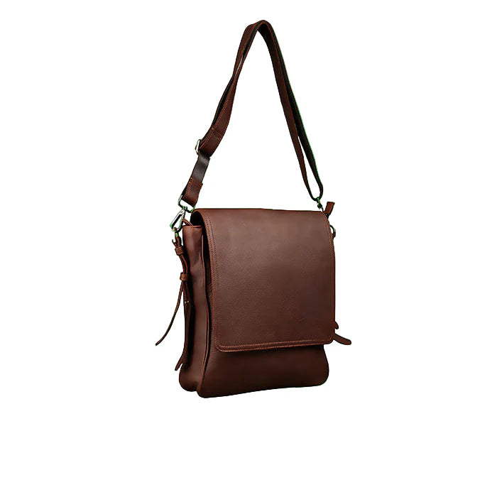 Brown leather shoulder bag on a white background