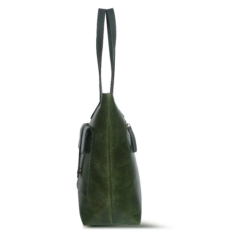 Green handbag with a strap on a white background