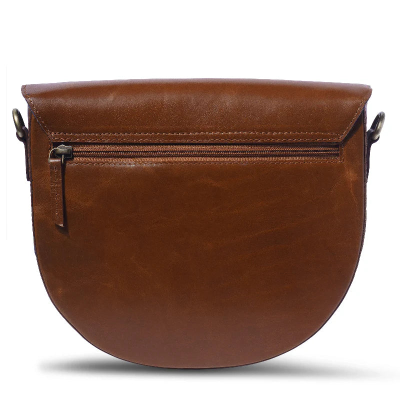Brown leather crossbody bag on a white background