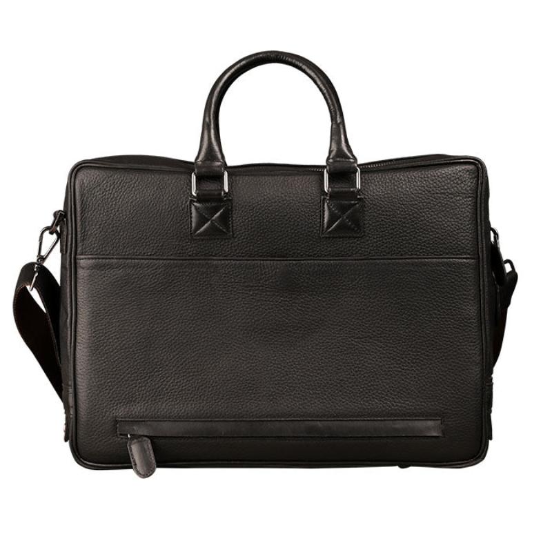Black leather briefcase with shoulder strap on a white background