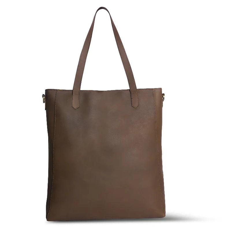 Brown leather tote bag on a white background
