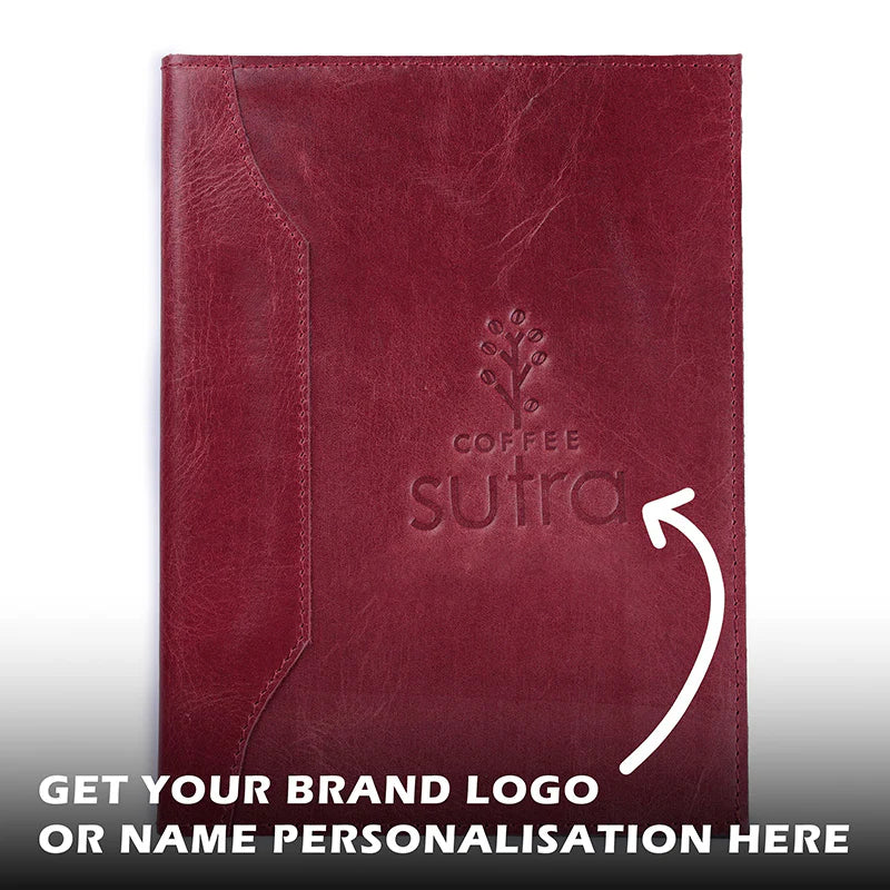 Red leather notebook with &