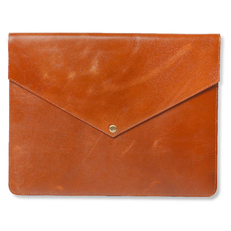 Brown leather envelope on a white background