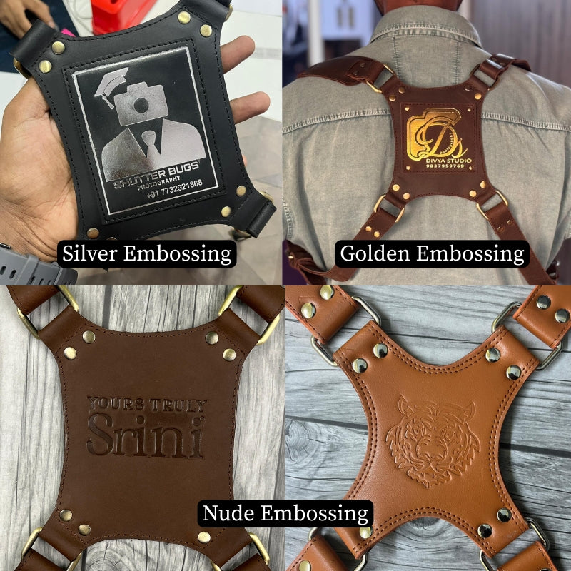 Collage of leather harnesses with embossing text and designs.