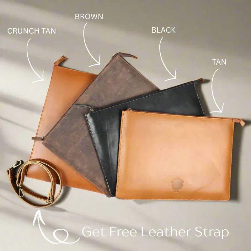 Collection of leather pouches in various colors with a free leather strap offer on a neutral background.