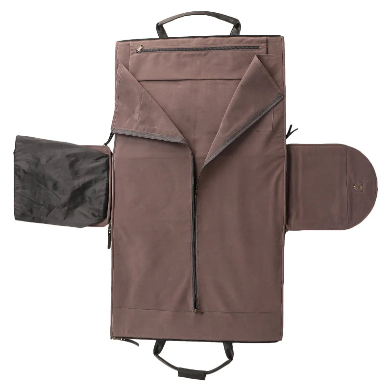 Brown backpack with a detachable front pocket on a white background