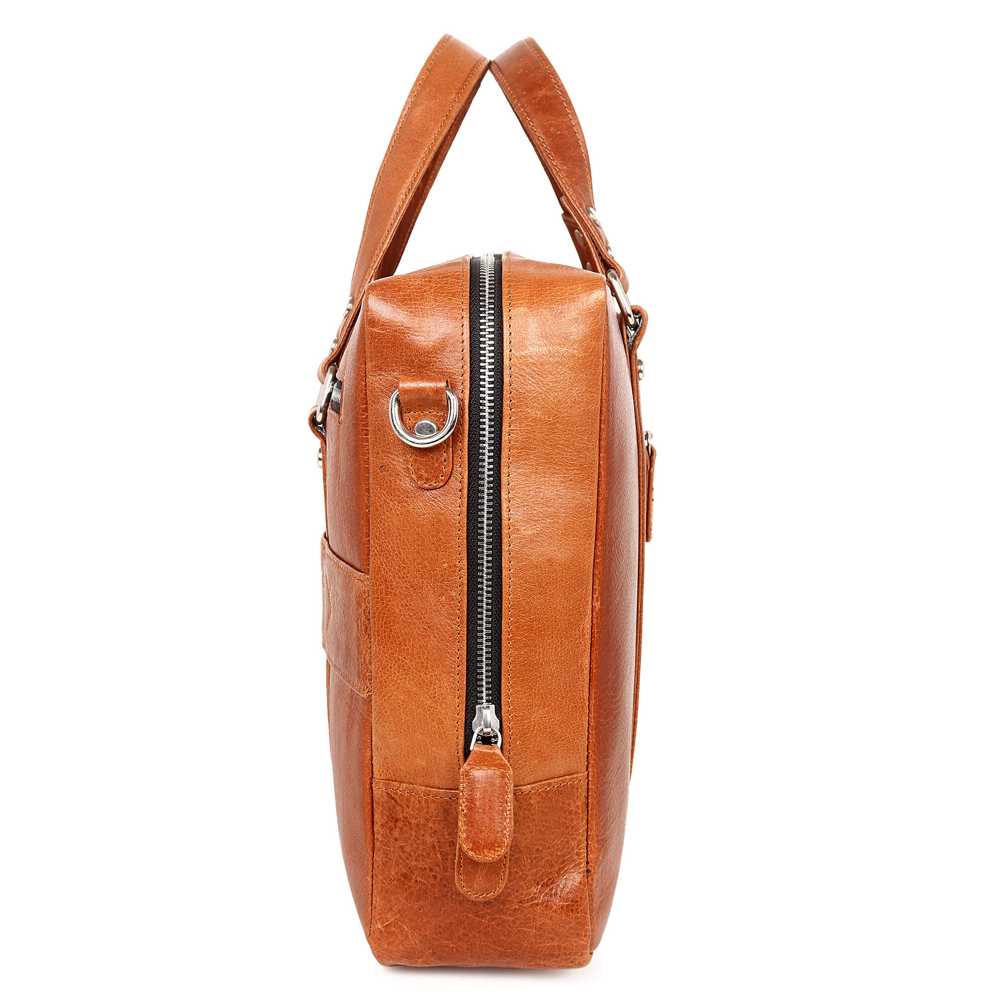 Brown leather handbag with a visible zipper on a white background