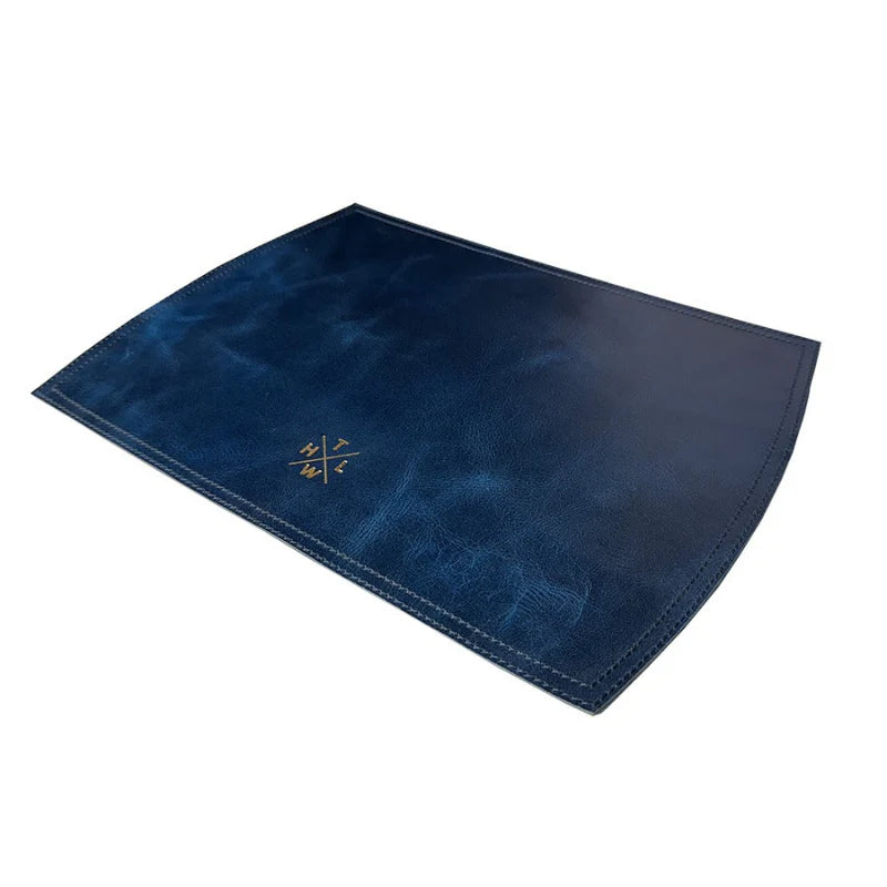 Blue leather mat with a logo on a white background