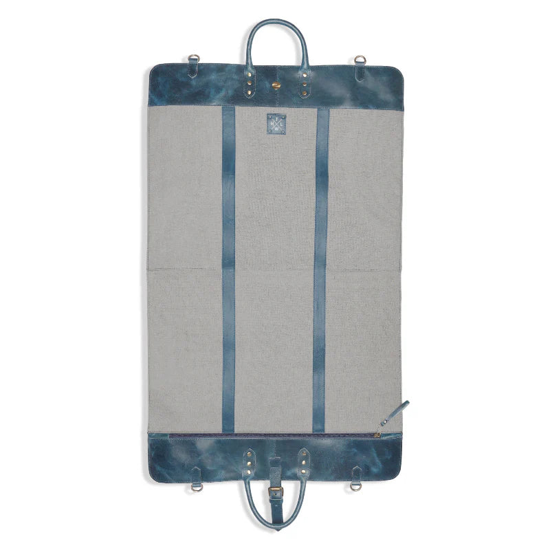 Gray and blue garment bag with handles on a white background