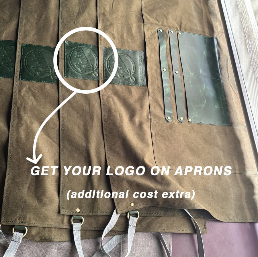 Brown aprons with logo place