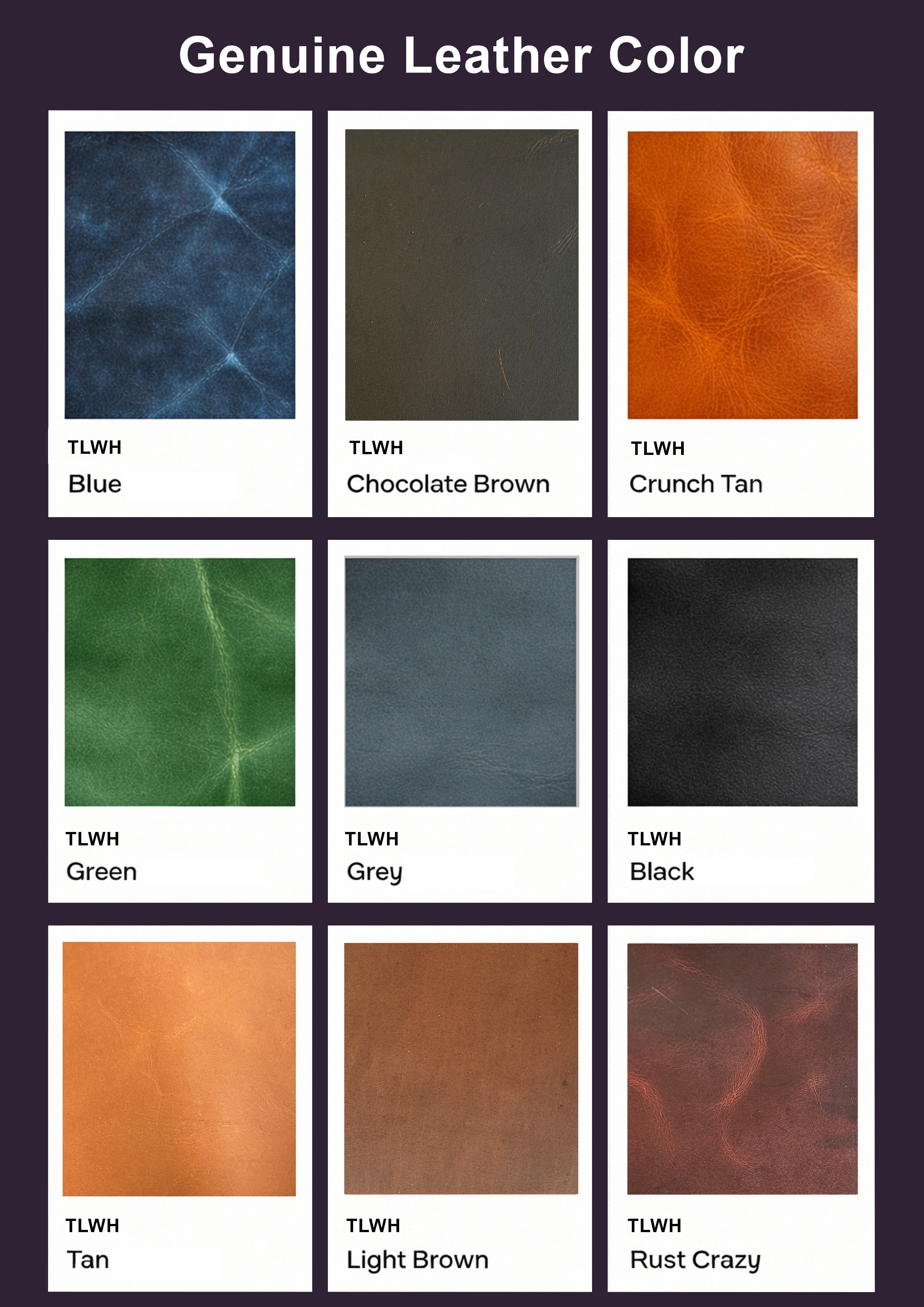 Color swatches of genuine leather in various colors with labels.