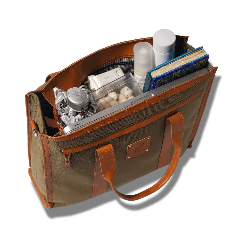 Open brown and beige bag with various items on a white background