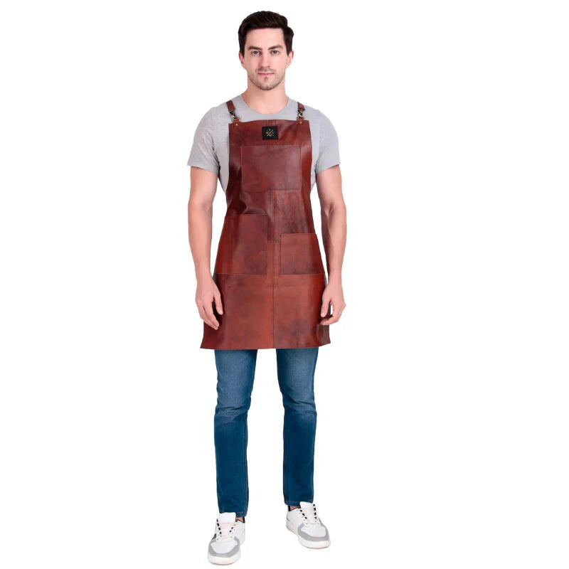 Man wearing a brown leather apron on a white background