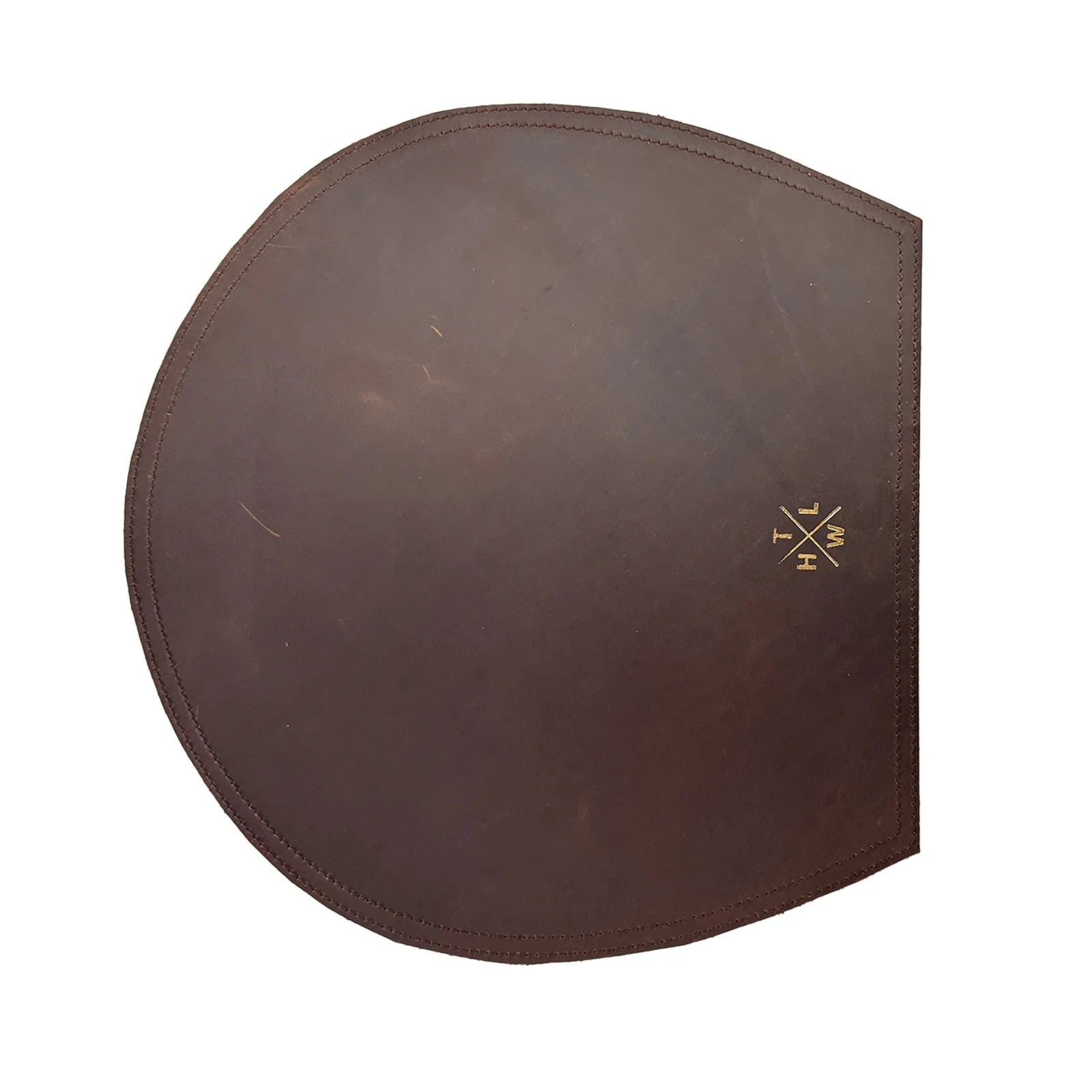 Brown leather face mask with a logo on a white background