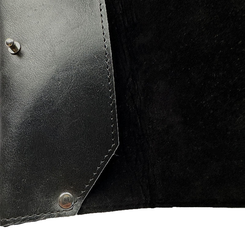 Close-up of a black leather product with stitching details