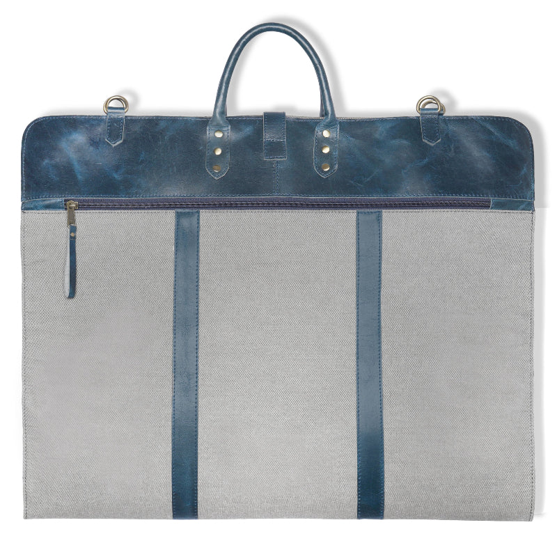 Gray garment bag with blue accents on a white background