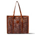 Brown tote bag with intricate pattern on a white background