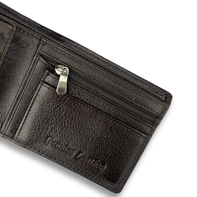 Close-up of a black leather wallet with a visible brand name on a white background