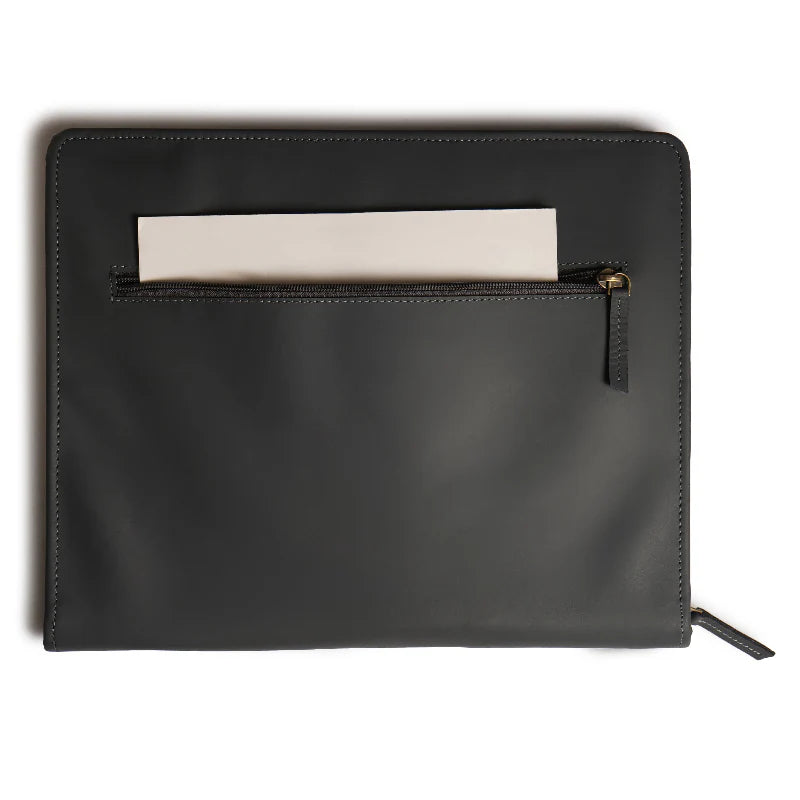 Black leather clutch with a zipper on a white background