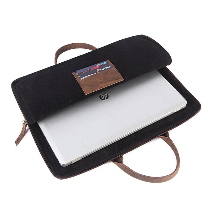 Black laptop sleeve with HP branding containing a white laptop on a white background