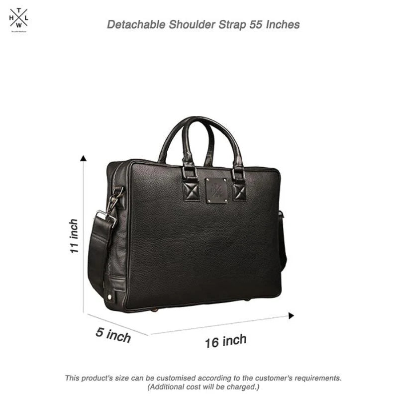 Black leather briefcase with dimensions and detachable shoulder strap information on a white background