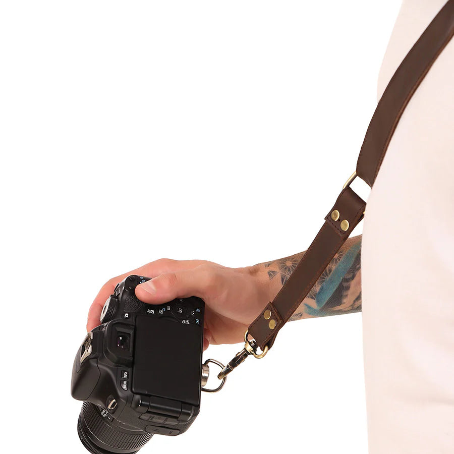 Hand holding a camera with a brown leather strap on a white background