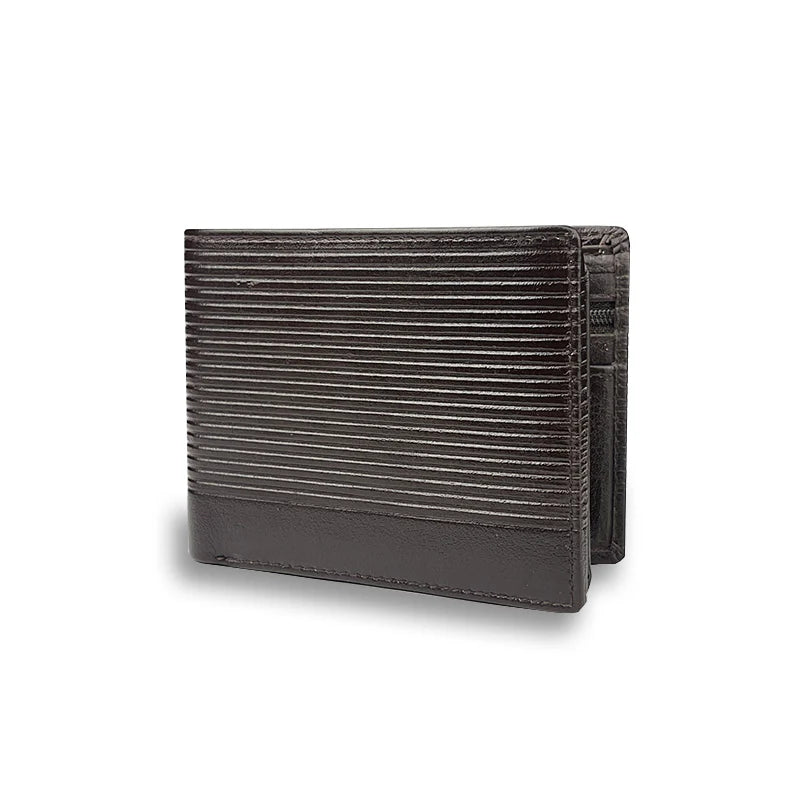 Black leather wallet with horizontal stitching on a white background