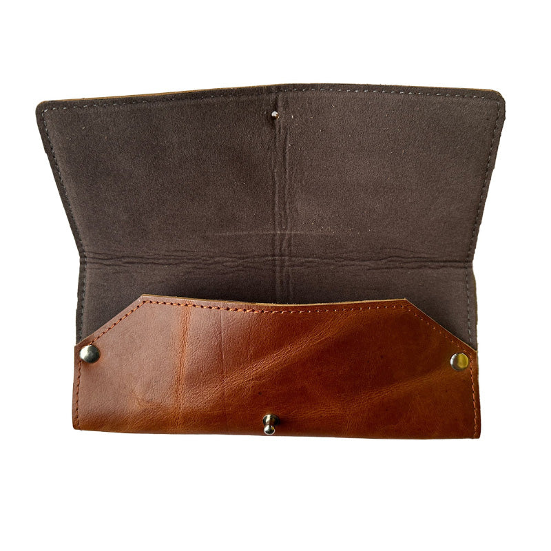 Two-tone leather wallet with brown front flap and gray back on a white background