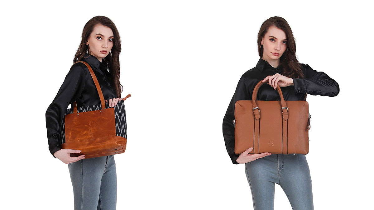 2 girls different tote bags in their hands