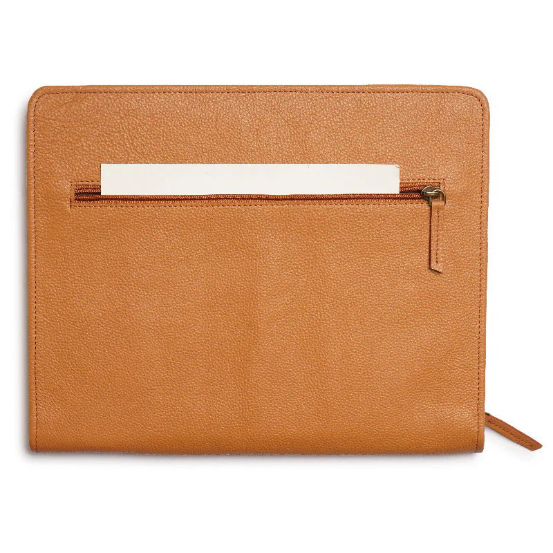 Brown leather pouch with a zipper on a white background