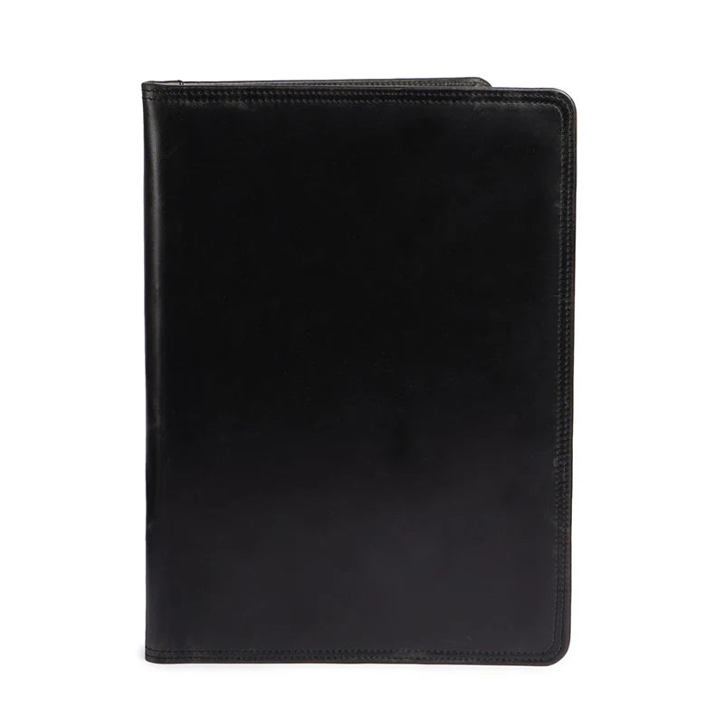 Black leather notebook on a white background