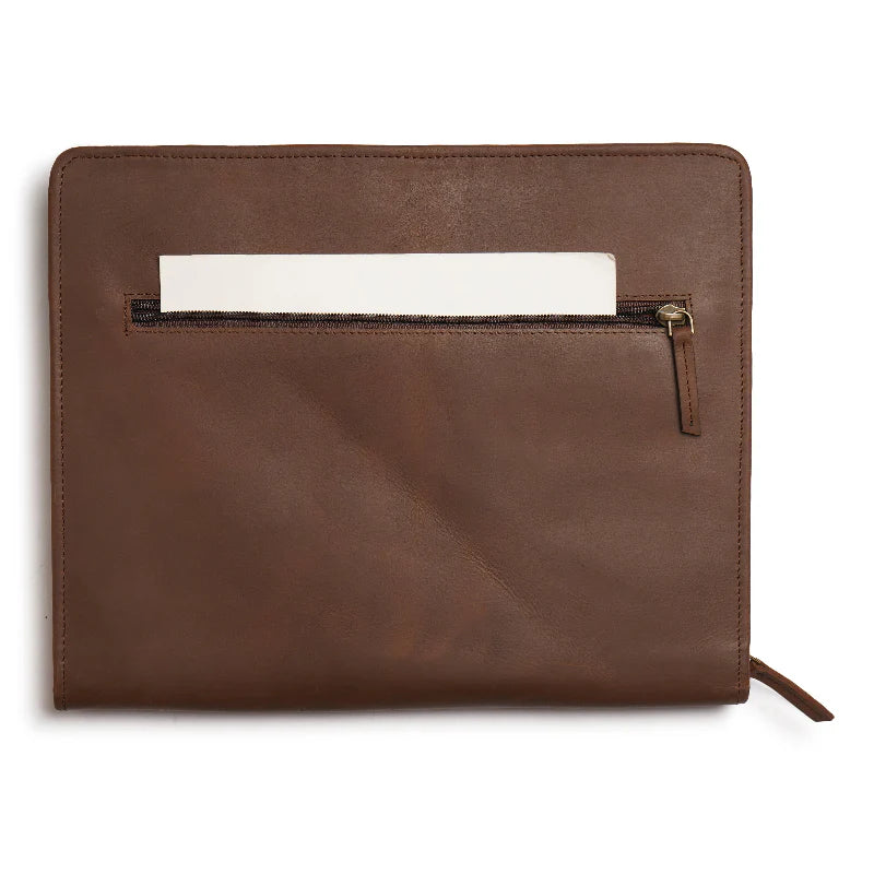 Brown leather pouch with a zipper on a white background