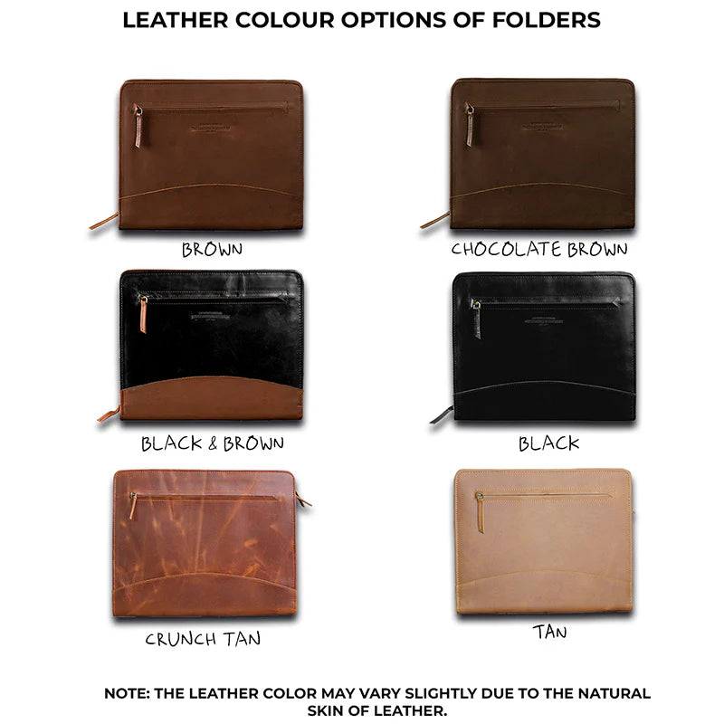 Leather color options of folders displayed on a white background