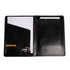 Black leather folder with open compartments on a white background